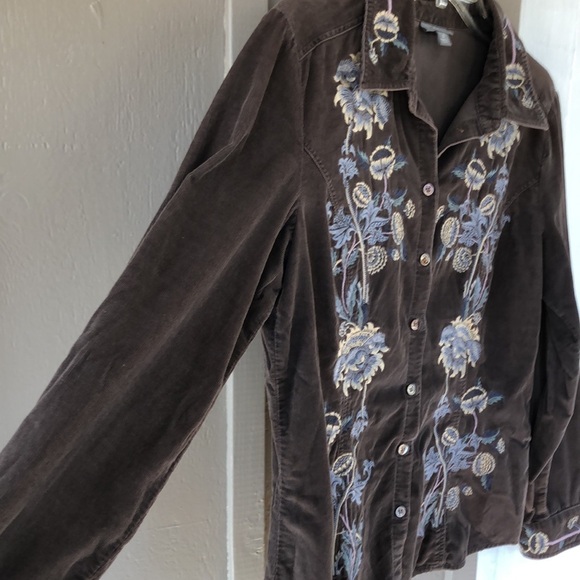 J. Jill Chocolate Brown Corduroy Embroidered Floral Button Down Shirt Womens S - Picture 7 of 12